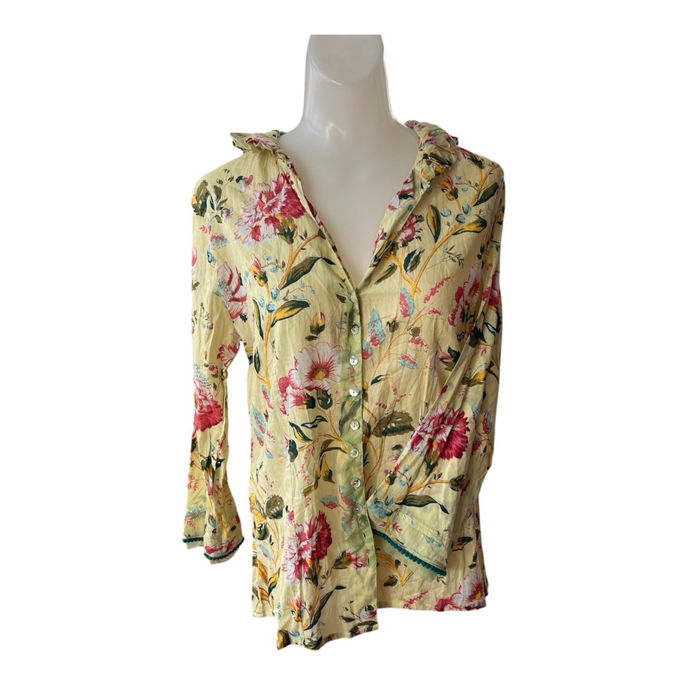 Yellow Floral Button-Down Shirt with Ruffle Collar size S